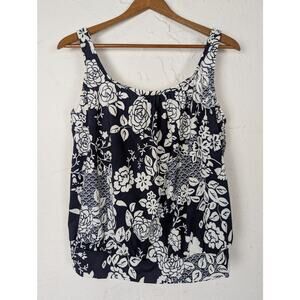 Lands End Tankini Womens 12 Navy Blue Floral Swim Bathing Suit Strappy Modest